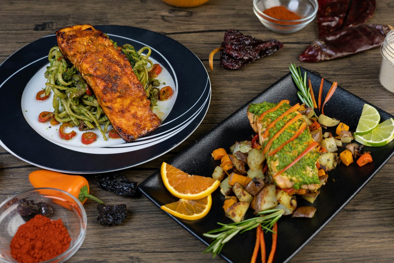 Two seafood dishes